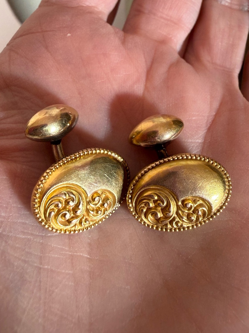 Antique Victorian rose gold fill deep floral etching bean cufflinks